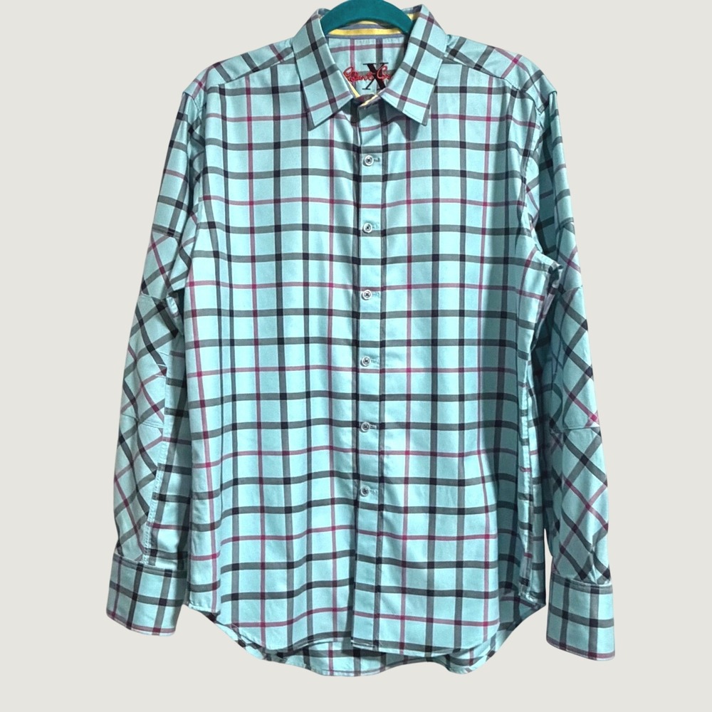 Robert Graham X Collection Aqua Blue Plaid Button Down Shirt Mens Long Sleeve L